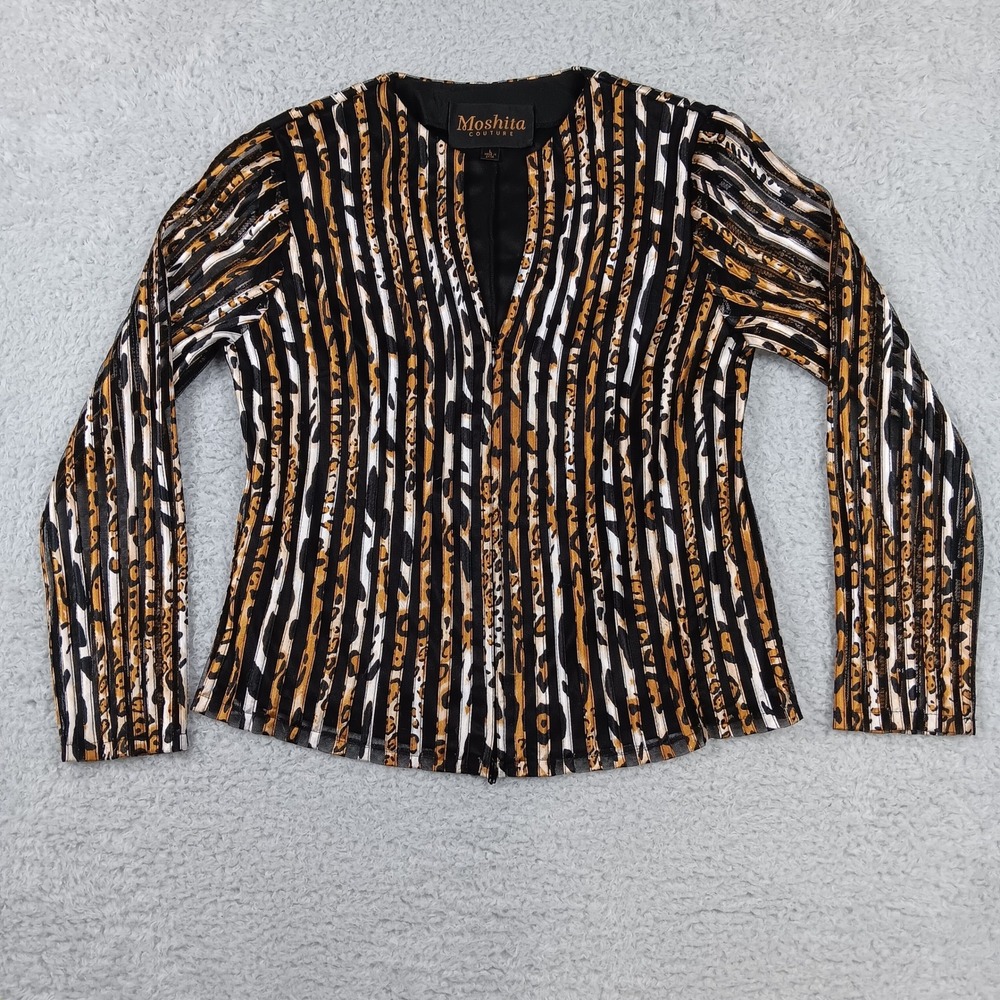 Moshita Couture Jacket Womens Large Black Gold Leopard Print Beaded Zip ST#6606